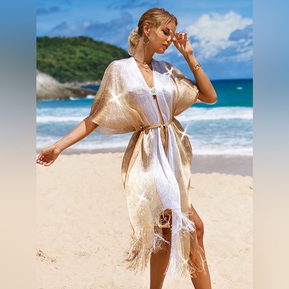 Ombre White Gold French Fringe Shimmers Boho Open Front Kimono Short Duster Wrap - Picture 4 of 4